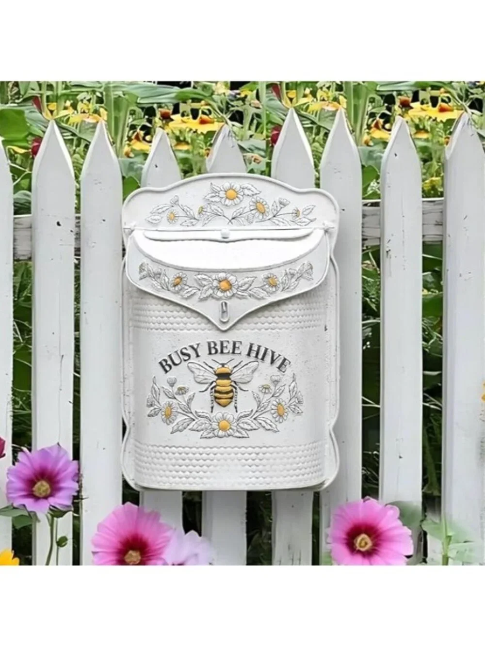 Vintage Style Distressed Metal Garden Post Box Busy Bumble Bee Hive Cottage Mail
